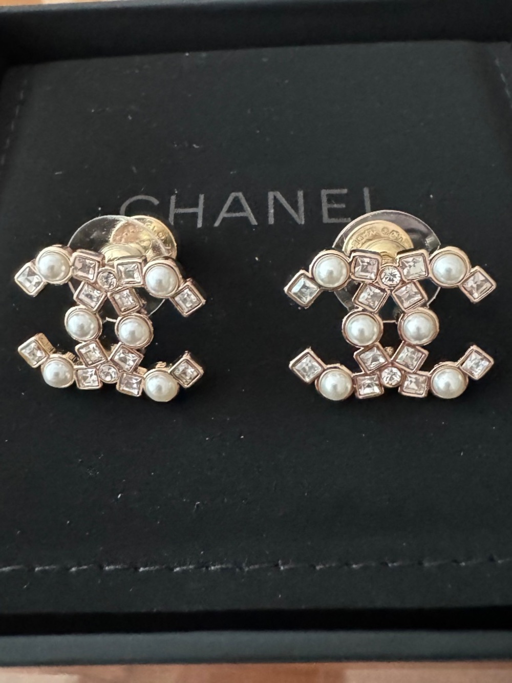 Limited Edition Brand New Chanel Classic CC Logo Pearl and Crystal Stud Earrings